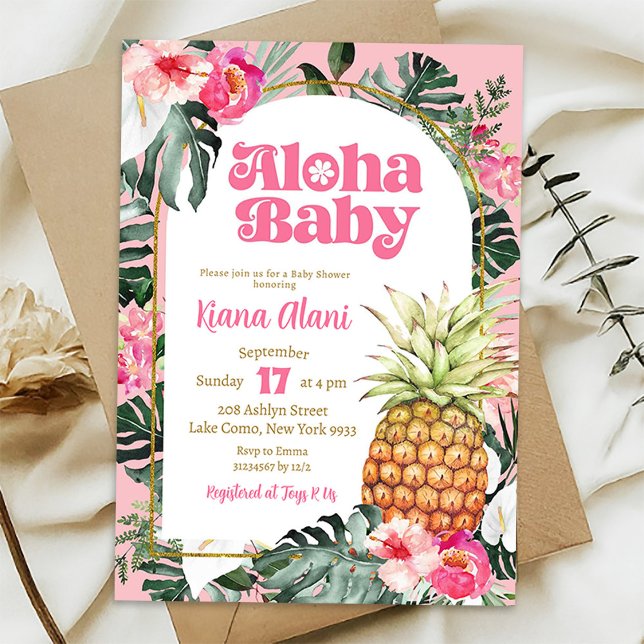 Rosa Tropical Blommigt Pineapple Aloha Baby Shower Inbjudningar (Skapare uppladdad)