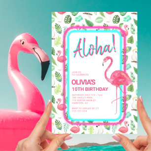 Rosa Tropical Flamingo Aloha Birthday Inbjudningar