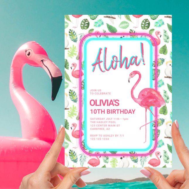 Rosa Tropical Flamingo Aloha Birthday Inbjudningar (Skapare uppladdad)