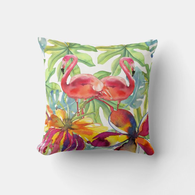 Rosa Tropical Flamingo Bird Watercolor Kudde (Framsida)