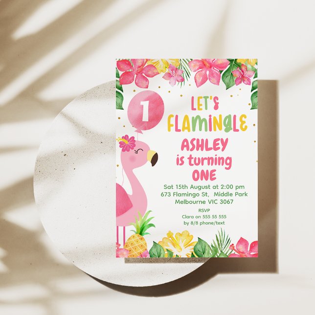 Rosa Tropical Flamingo Lets Flamingle 1:a födelsed Inbjudningar (Let’s Flamingle Birthday Invitation, Summer birthday invite, Pink Flamingo Birthday Invite, Tropical)