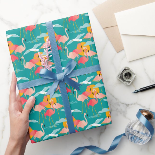Rosa Tropical Flamingos on Teal Wrapping Papper Presentpapper (Gifting)