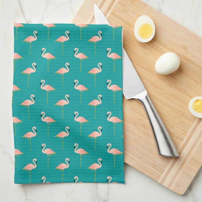 Rosa Tropical Flamingos on Turkvoise Kitchen Towel Kökshandduk (Vikt i Fjärdedel)