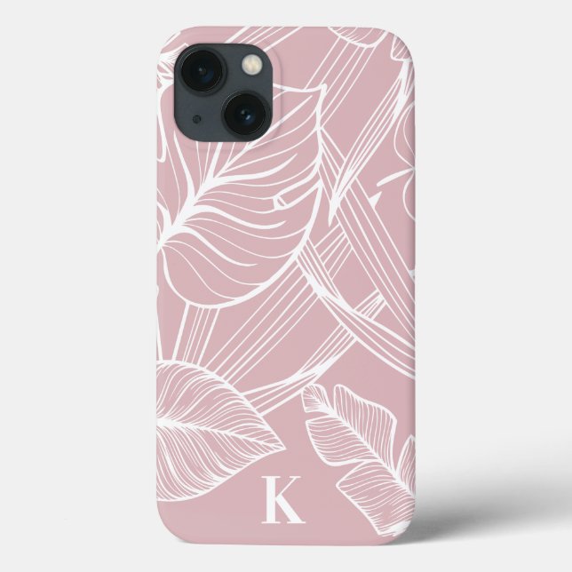 Rosa Tropical Handflatan Löv Mönster Monogram Fodr (Baksida)