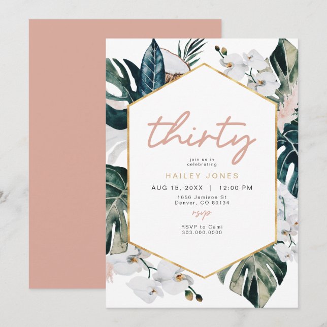  Rosa Tropical Handflatan Pampas 30års födelsedag  Inbjudningar (Fram/baksida)