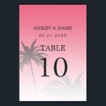 Rosa Tropical Handflatan Träd Beach Wedding Bordsnummer<br><div class="desc">bordsnummer för elegantens bröllop med en ritning av det tropiska handflatan träd på en ljus rosa med elegant och modern typografi. Rosan i solnedgången tonas ut mot en vit bakgrund. Lägg bara till dina bröllop-uppgifter till bordsnumret för tropisk strandbröllop i snyggten. Enbart designad för dig av Lycklig Dolphin studio.</div>