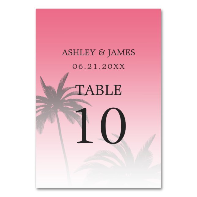 Rosa Tropical Handflatan Träd Beach Wedding Bordsnummer (Framsidan)