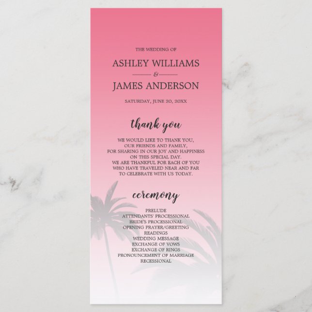 Rosa Tropical Handflatan Träd Beach Wedding Program (Framsida)