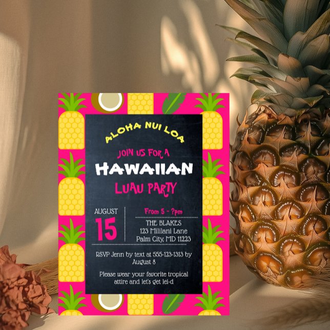 Rosa Tropical Hawaiian Luau Party-inbjudan Vykort (Skapare uppladdad)