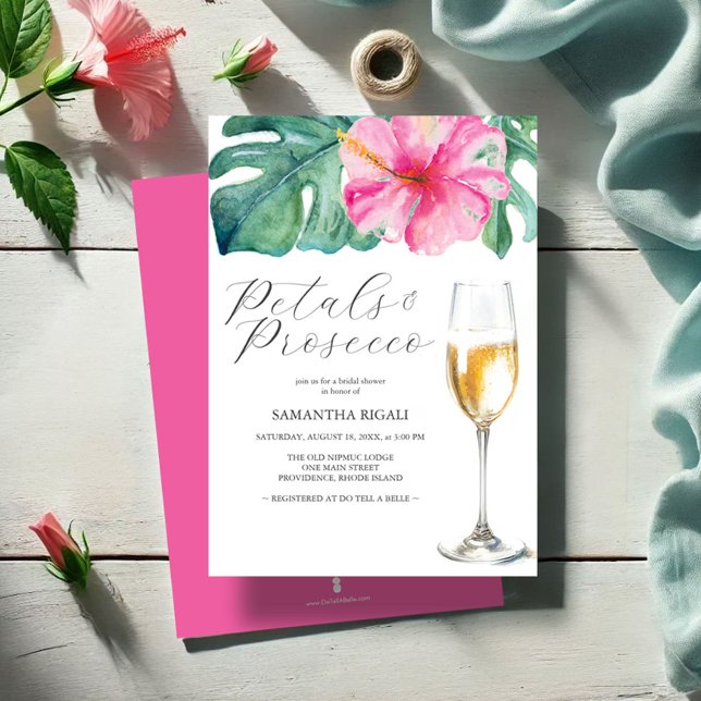 Rosa Tropical Inbjudningskort för möhippa | Brunch (Tropical pink Hibiscus flower and palm leaf bridal shower invitation watercolor Victoria Grigaliunas)