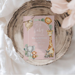 Rosa Tropical Jungle Safari Animals Baby Shower Inbjudningar