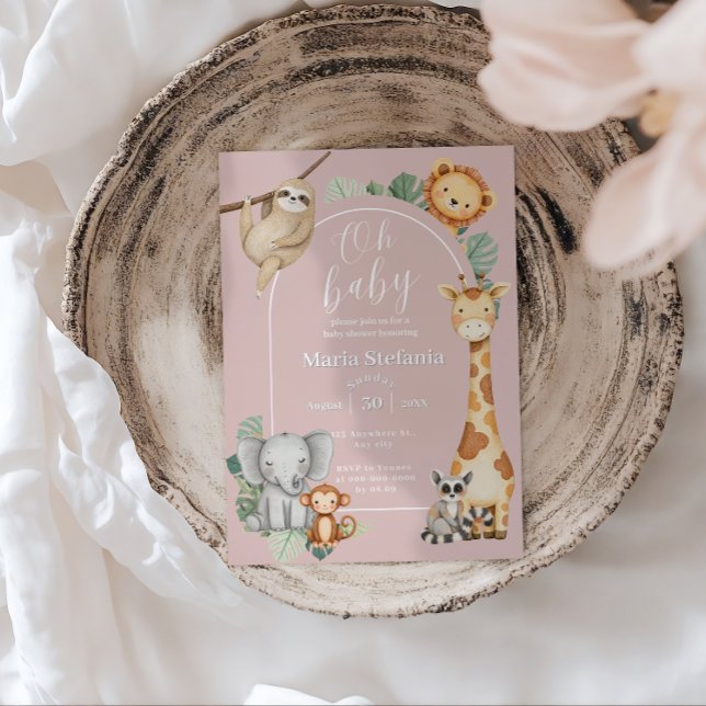 Rosa Tropical Jungle Safari Animals Baby Shower Inbjudningar (Skapare uppladdad)