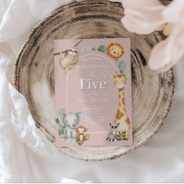 Rosa Tropical Jungle Safari Animals födelsedag Inbjudningar