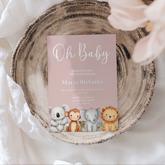 Rosa Tropical Jungle Safari Baby Shower Animals Inbjudningar (Skapare uppladdad)