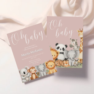 Rosa Tropical Jungle Safari Baby Shower Animals Inbjudningar