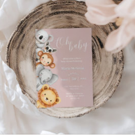 Rosa Tropical Jungle Safari Baby Shower Animals Inbjudningar