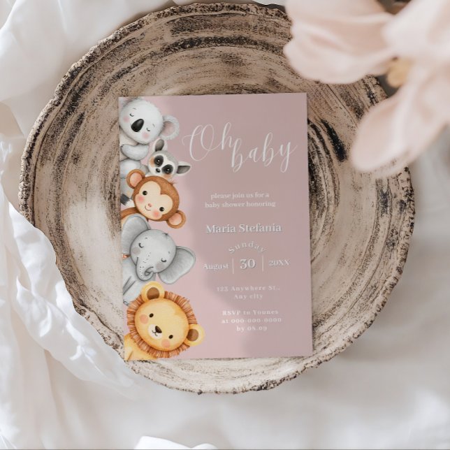 Rosa Tropical Jungle Safari Baby Shower Animals Inbjudningar (Skapare uppladdad)