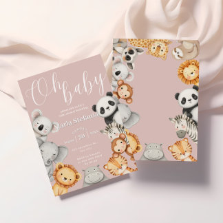 Rosa Tropical Jungle Safari Baby Shower Animals Inbjudningar