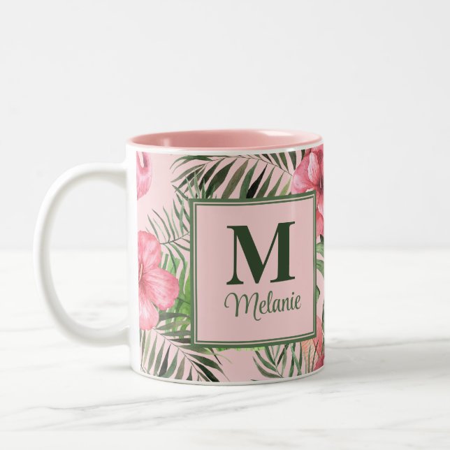 Rosa Tropical Monstera och Flamingo Monogram Två-Tonad Mugg (Vänster)