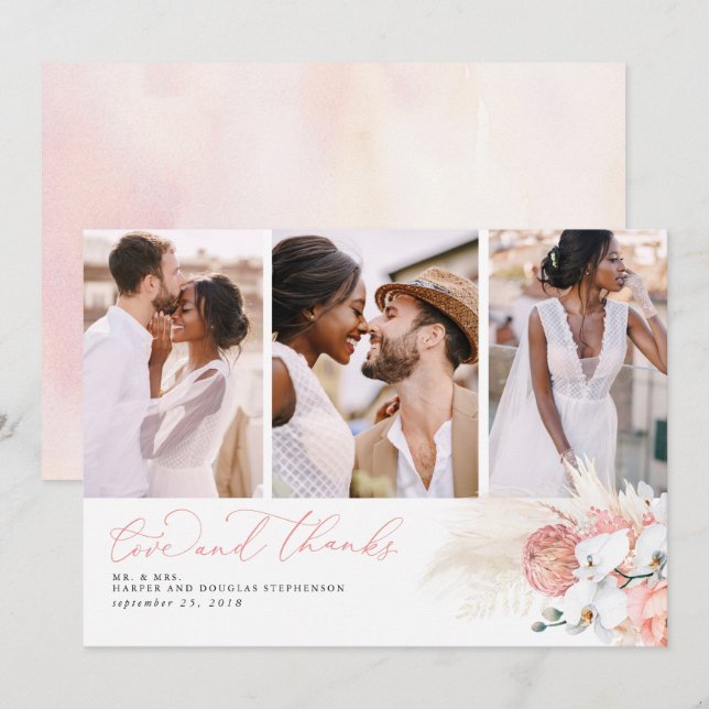 Rosa Tropical Pampas Grass Bröllop Tack Kort (Fram/baksida)