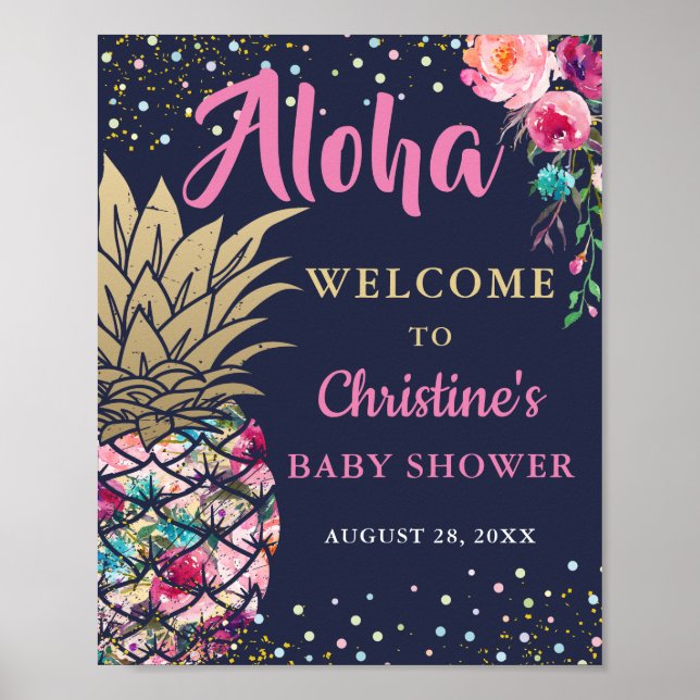 Rosa Tropical Pineapple Navy Blue Baby Shower Poster (Framsidan)