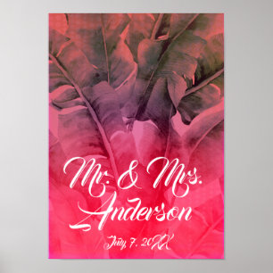 Rosa Tropical Summer Handflatan Lövs Beach Wedding Poster