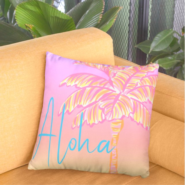 Rosa Tropical Sunset Handflatan Träd Aloha Exdoor Kudde (Aloha!)