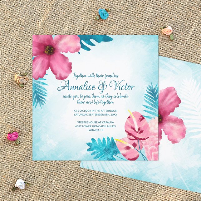 Rosa Tropical Teal Hibiscus bröllopsinbjudan Inbjudningar (turquoise and pink tropical wedding invitation card, pink Hawaiian hibiscus and gumdrop flowers)