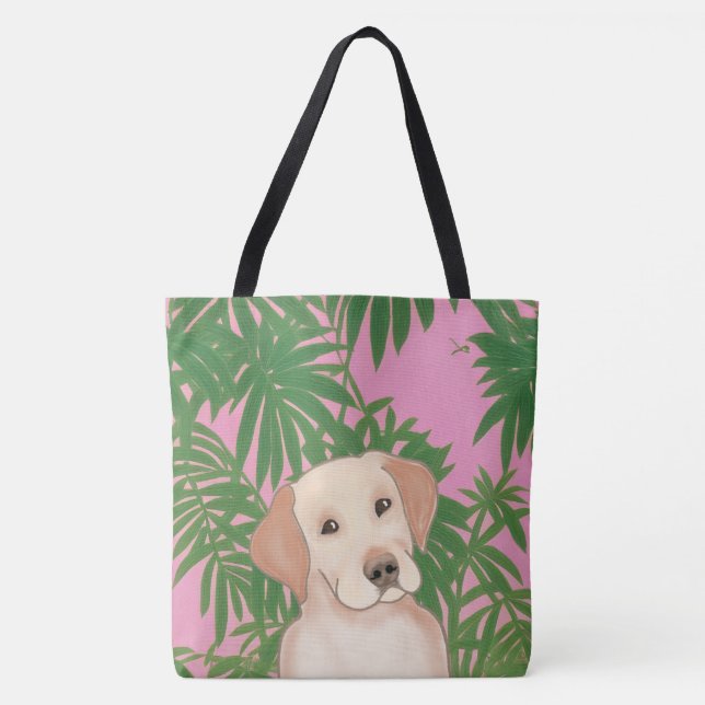 Rosa Tropical Tote Bag med Gul lab Tygkasse (Framsida)