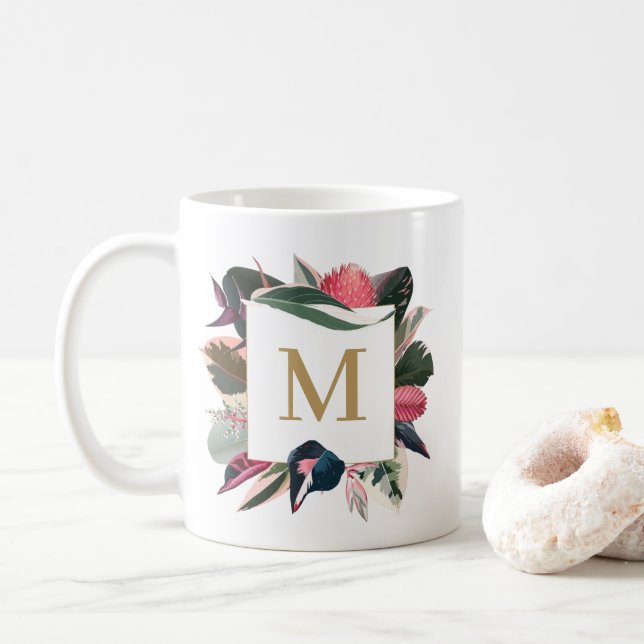 Rosa Tropical Variegcal Houseplantor Monogram Kaffemugg (Med munk)