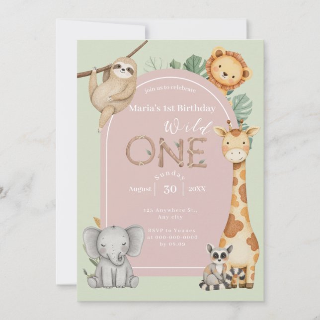 Rosa Tropical Vild One Jungle Safari Animals Inbjudningar (Framsida)