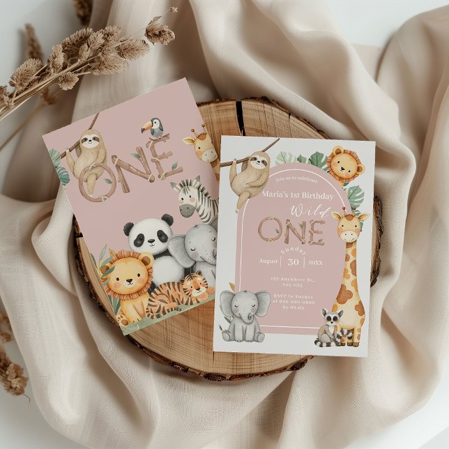 Rosa Tropical Vild One Jungle Safari Animals Inbjudningar (Skapare uppladdad)