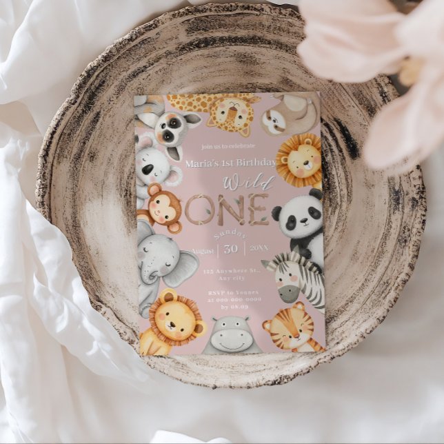 Rosa Tropical Vild One Jungle Safari Animals Inbjudningar (Skapare uppladdad)