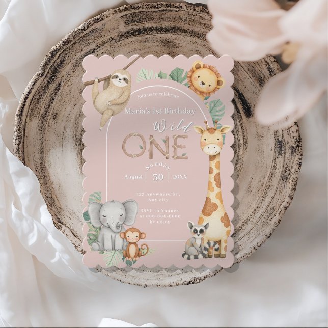 Rosa Tropical Vild One Jungle Safari Animals Inbjudningar (Skapare uppladdad)