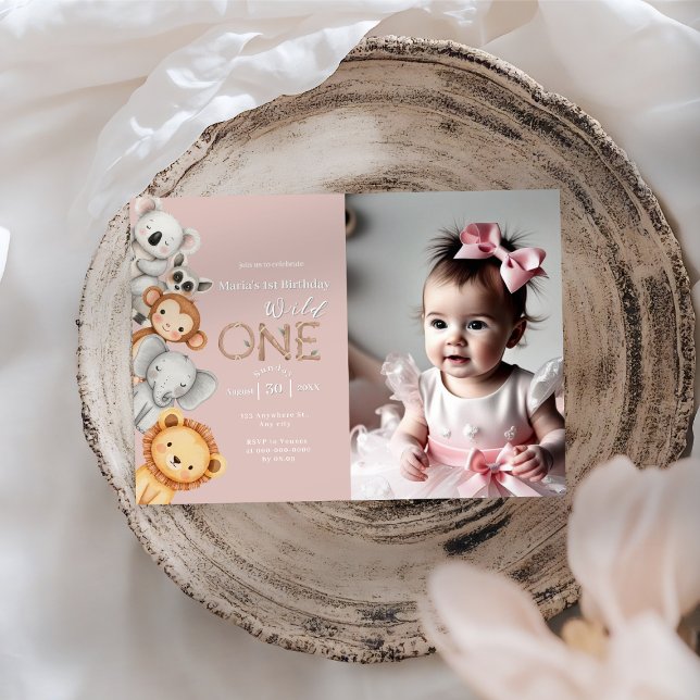 Rosa Tropical Vild One Jungle Safari Animals Inbjudningar (Skapare uppladdad)