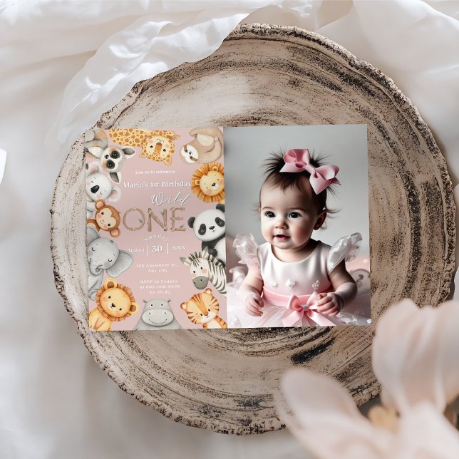 Rosa Tropical Vild One Jungle Safari Animals Inbjudningar (Skapare uppladdad)