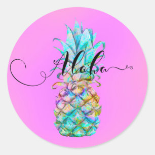 Rosa tropisk ananasfärgssprut Luau Aloha Runt Klistermärke