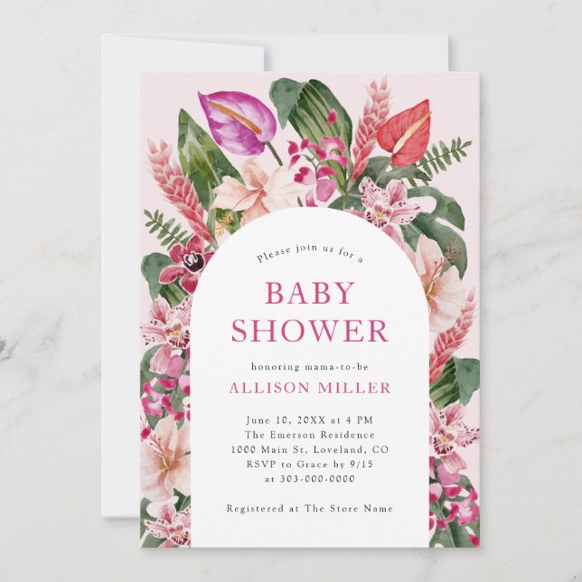 Rosa Tropisk Baby Shower Inbjudan (Framsida)