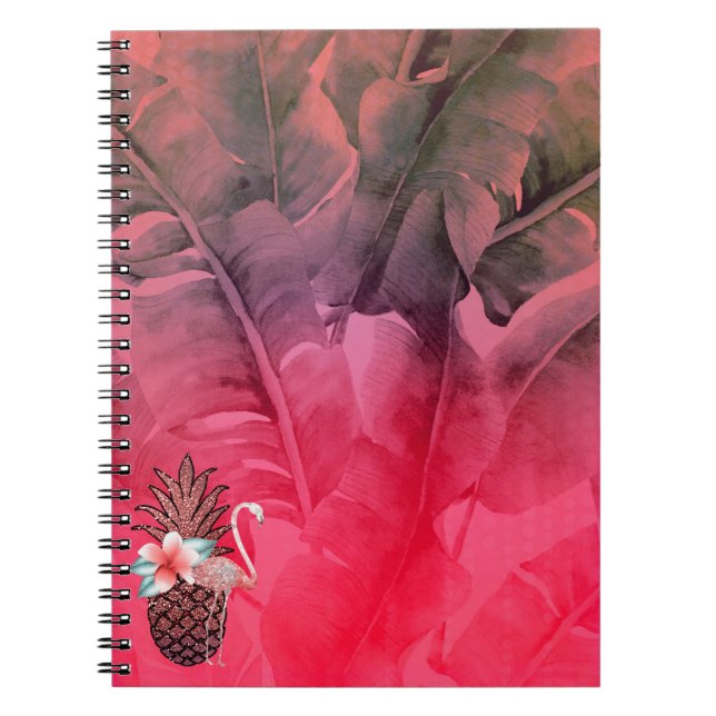 Rosa tropisk glimmer ananas palmlöv chic anteckningsbok (Framsidan)