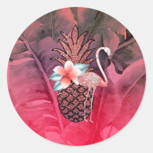 Rosa tropisk glitter ananas Luau-fest Runt Klistermärke