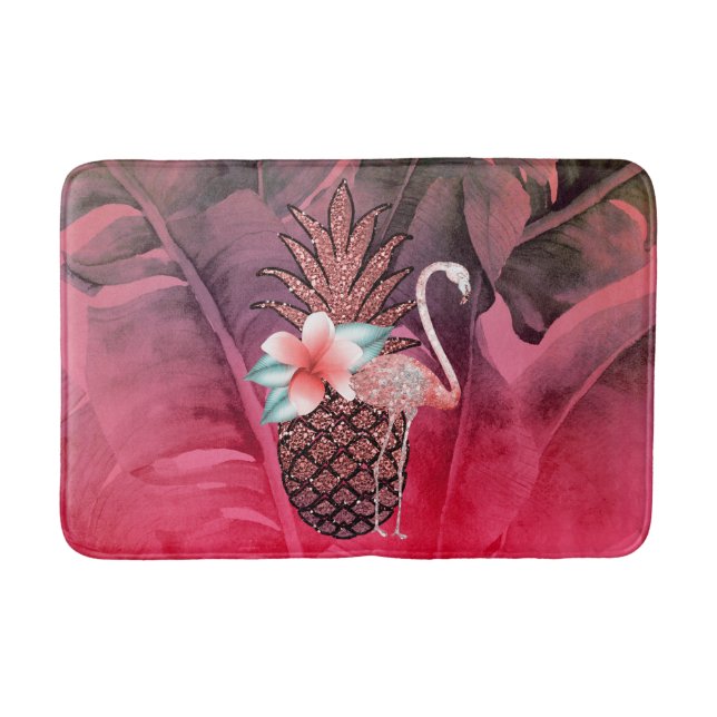 Rosa tropisk glitter ananas palmblad chic badrumsmatta (Framsidan)
