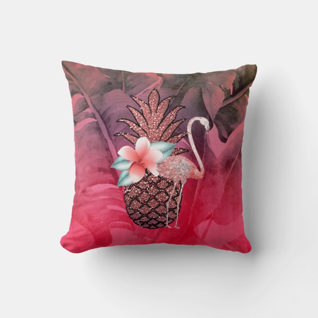 Rosa Tropisk Glitter Ananas Palmblad Chic Kudde (Framsida)