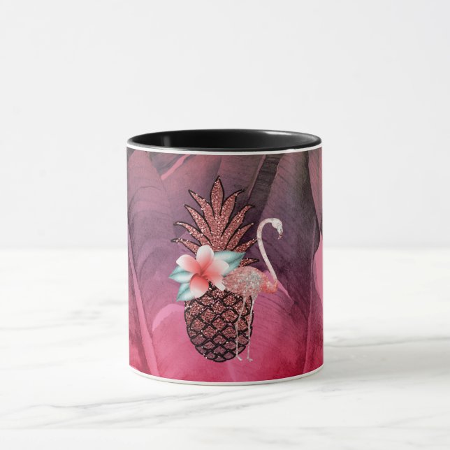 Rosa Tropisk Glitter Ananas Palmblad Chic Mugg (Center)