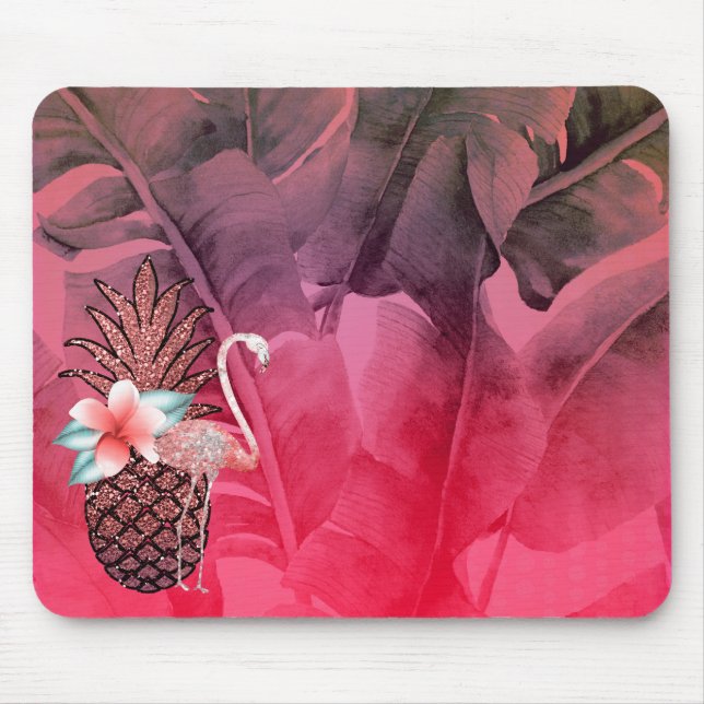 Rosa tropisk glitter ananas palmblad chic musmatta (Framsidan)