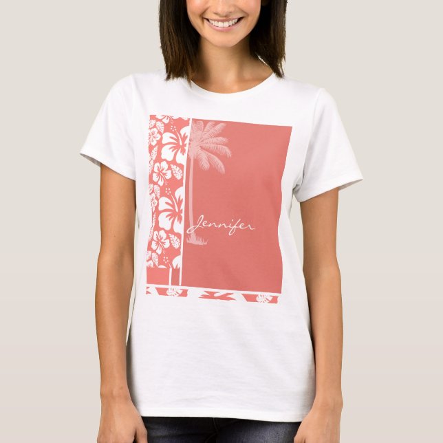 Rosa tropisk hibiskus för korall; Sommarhandflatan T Shirt (Framsida)
