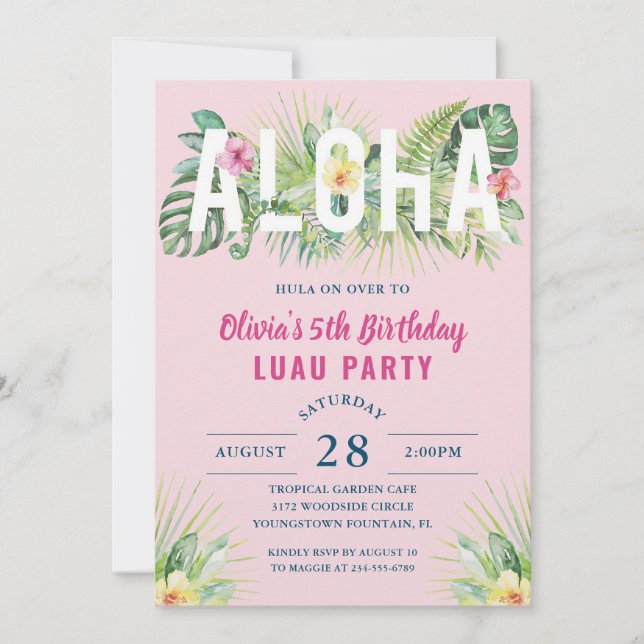 Rosa tropisk Luau-födelsedagsinbjudan Inbjudningar (Framsida)