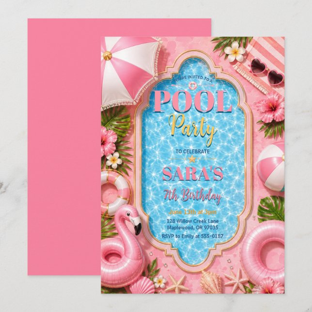 Rosa Tropisk Poolparty Födelsedag Inbjudningar (Fram/baksida)