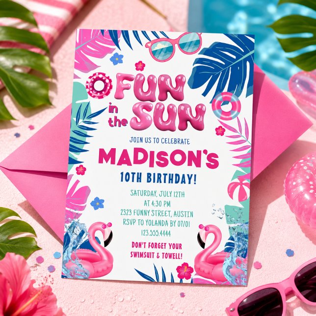 Rosa tropisk poolparty födelsedagsinbjudan inbjudningar (Skapare uppladdad)