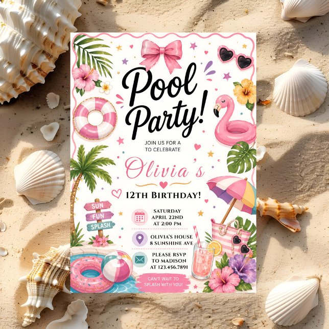 Rosa Tropisk Poolparty Inbjudningar (Skapare uppladdad)