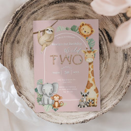 Rosa Tropisk Vild Två Djur Djungel Safari Inbjudningar